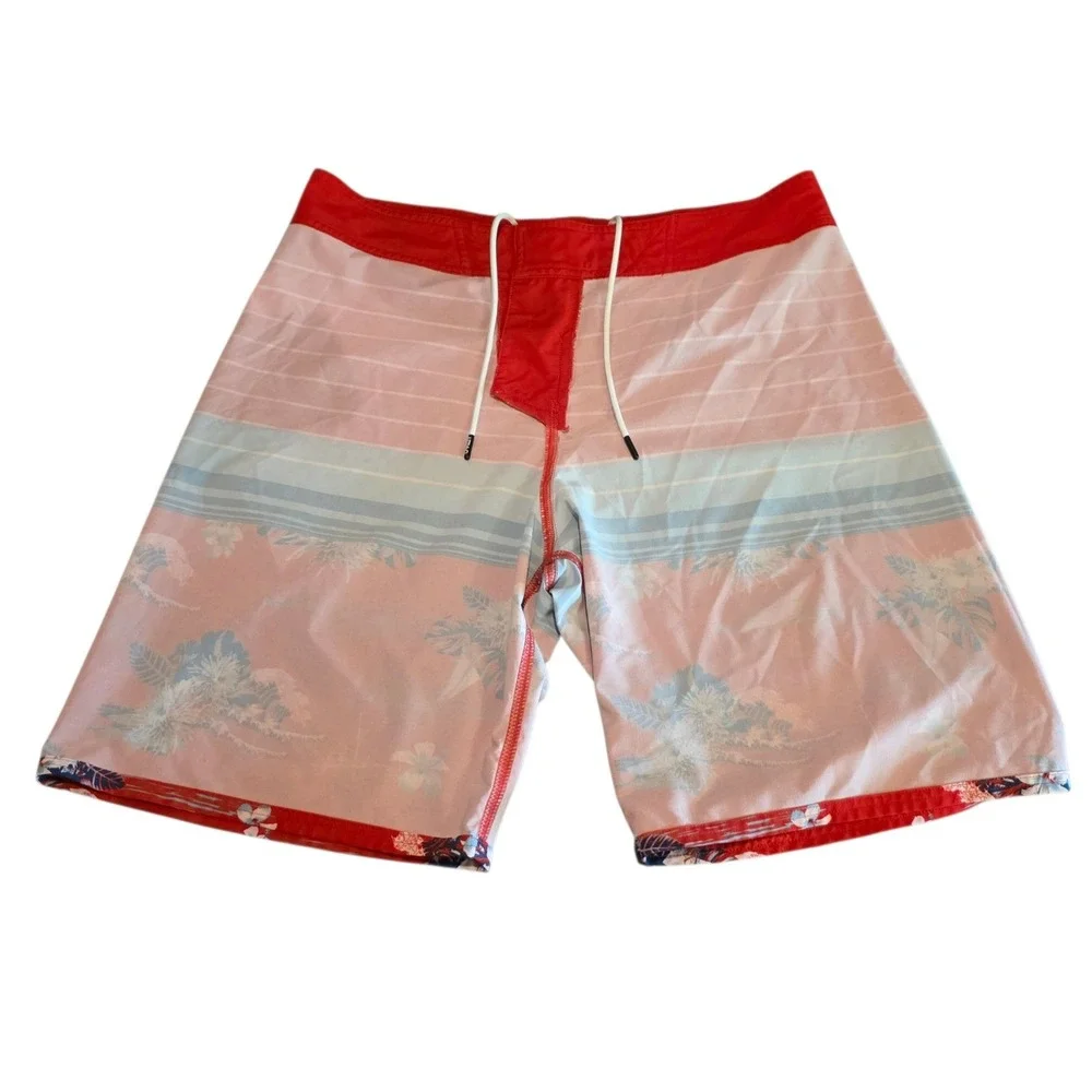Oakley Mens‎ Red Floral Stripe Wave Board Shorts Swim Trunks Retro Size 33 NWOT